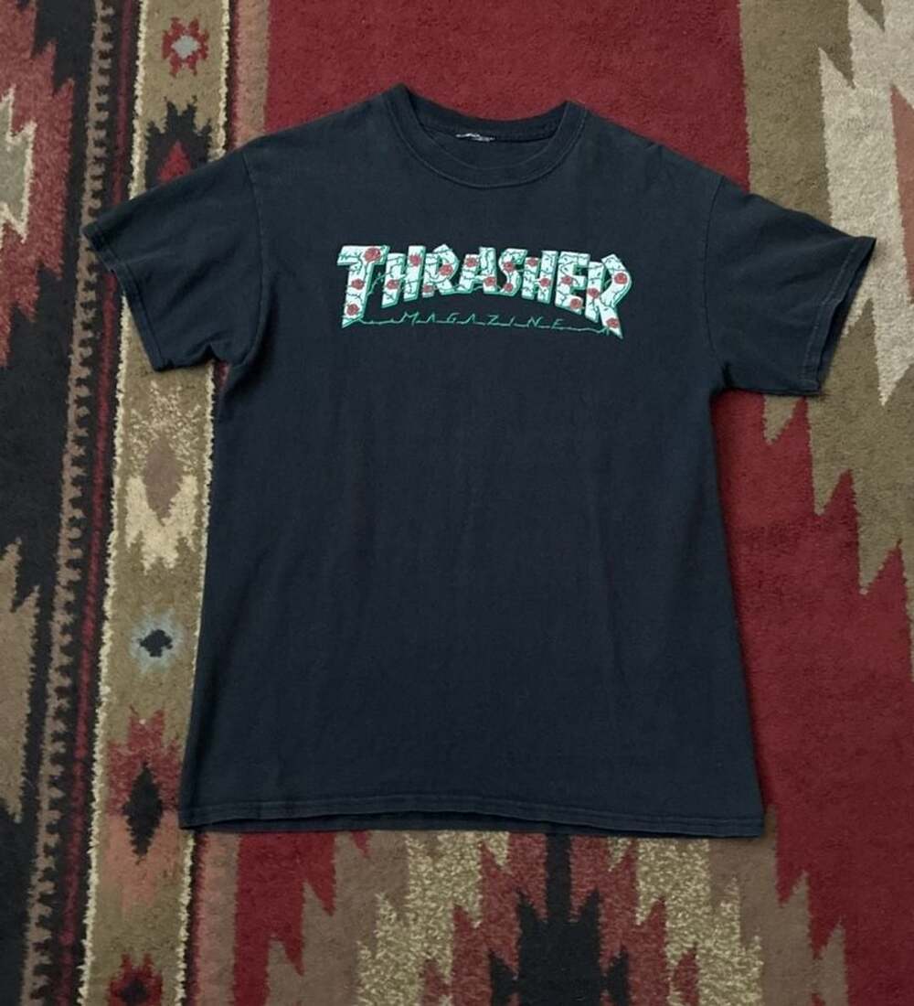 Thrasher Magazine Black Rose Thorn Printed T-Shirt